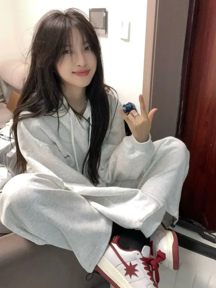 

Женская свободная повседневная толстовка с капюшоном, комплект спортивной одежды в корейском стиле, весенне-осенний комплект из двух предметов для бега в американском стиле для студентов