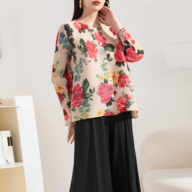 

Jackets For Women 45-75kg 2023 Spring Big Flowers Printed Round Neck Single Breasted Loose Stretchable Miyake Pleated Cardigans