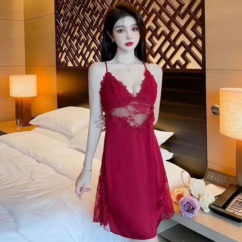 Women's New Ice Silk  French Medium and Long Skirt Lace Loungewear Pure Desire Style Nightdress Spring and Autumn Sexy Pajamas