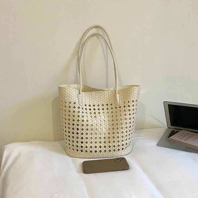 Rattan-Geflochtene Hohle Schultertasche mit Passender Geldbörse, Sommer-Shopper für Markt, Strand und Pendeln, Leichte Handtasche mit Offener Webung – Detail 2