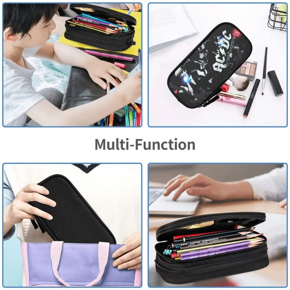 AC/DC Rock Band Big Capacity Pencil Pen Case Office College School Large Storage Bag Pouch Holder Box Organizer