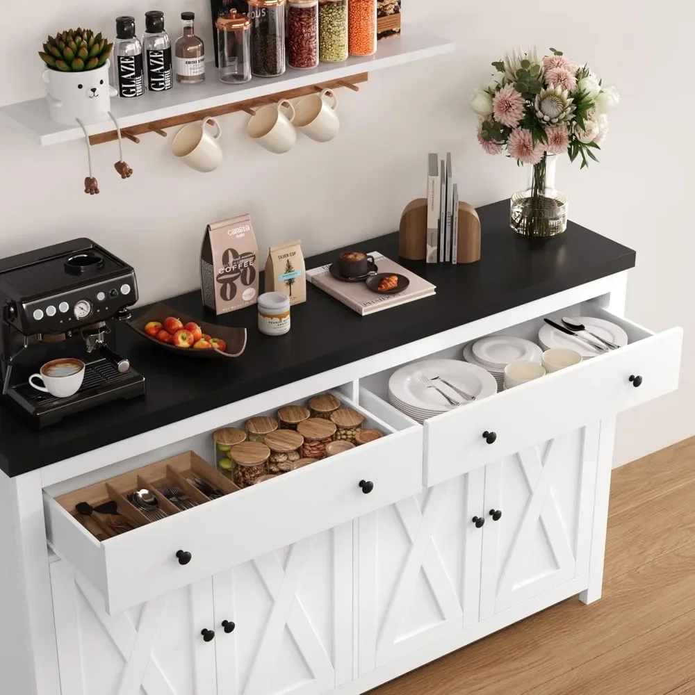 Armário Buffet Aparador com Armazenamento, 55 "Grande Armazenamento de Cozinha, 2 Gavetas e 4 Portas, Armário de Café de Madeira