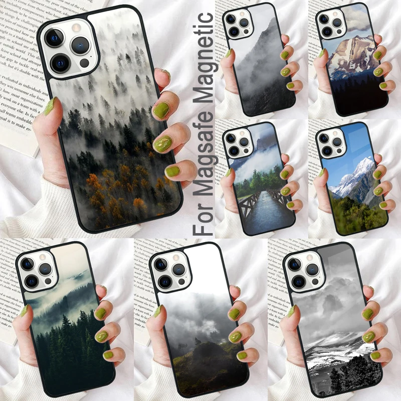 Mountain Peak Forest Magnetic Soft Phone Case for iPhone 16 Promax 15 Pro 13 14 Plus 11 12 Mini MagSafe Coque