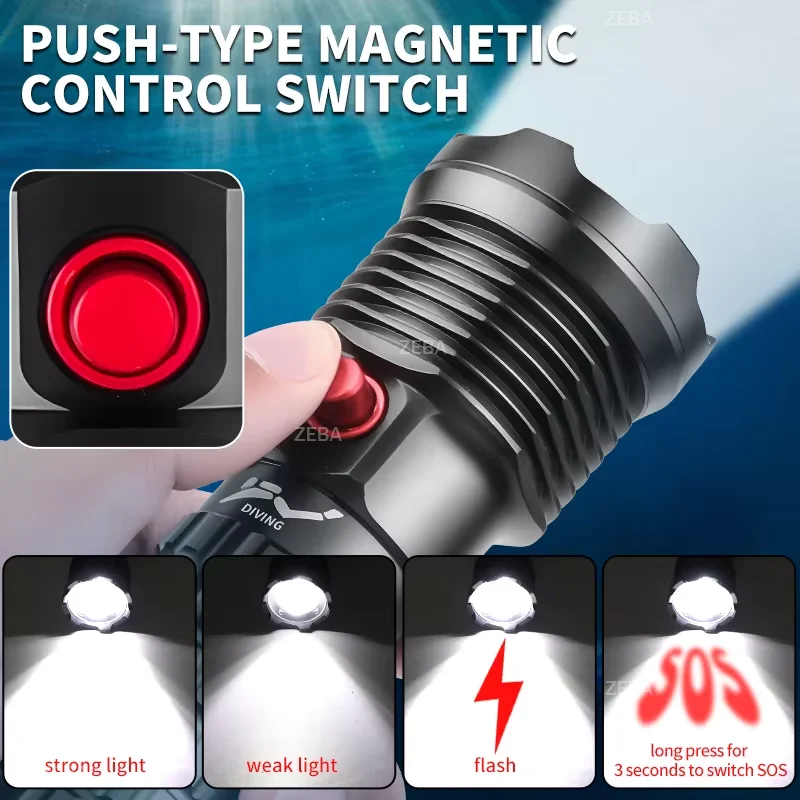 Diving Flashlight Rechargeable Strong Light XHP70 Focus Dive Torch Waterproof Submersible Lighting IPX-8 Underwater Flash Light