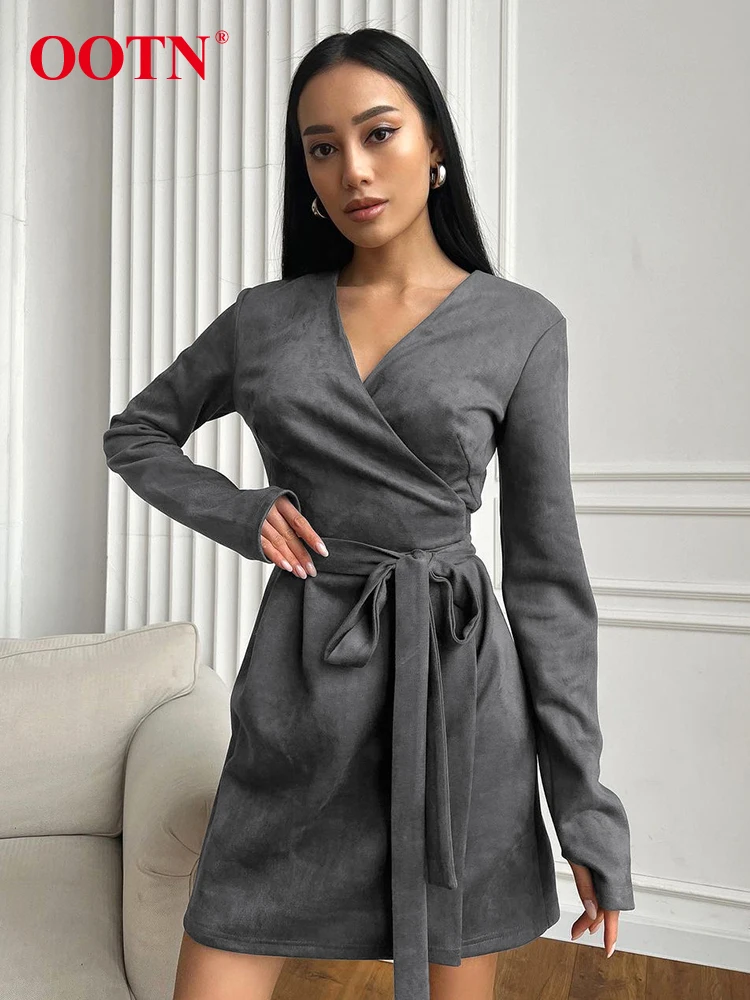 OOTN Elegant Suede Knitted Womens Lace-Up Dress For Women Brown Warm Wrape Dresses Office Ladies Gray Long Sleeves Dress Office