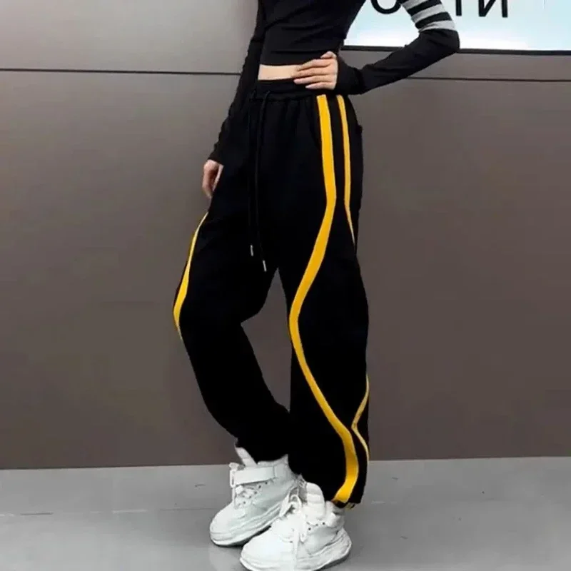 New Women's Autumn Winter Sweatpants Elastic High Waist Y2k Pants with Plush Loose Thick Plush Color Blocking and Ankle Binding