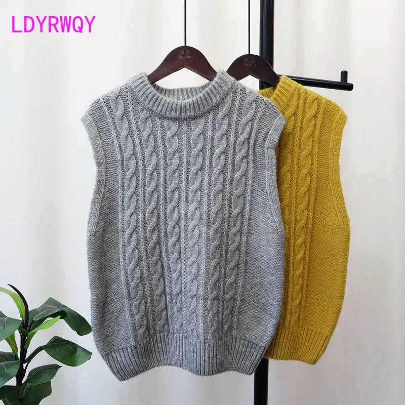 New Vintage Fried Dough Twists Sleeveless Sweater Vest Women's Round Neck Kanshou Korean Loose Knitted Vest