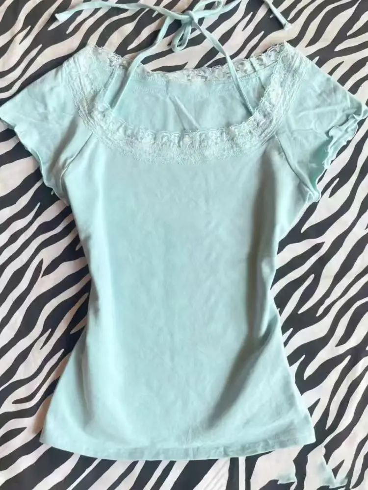 2026 Women's Sweet Lace Trim Halter Short Sleeve T-Shirt Y2K Coquette Slim Fit Casual Mint Green Top Elegant Ruffle Sleeve Tee