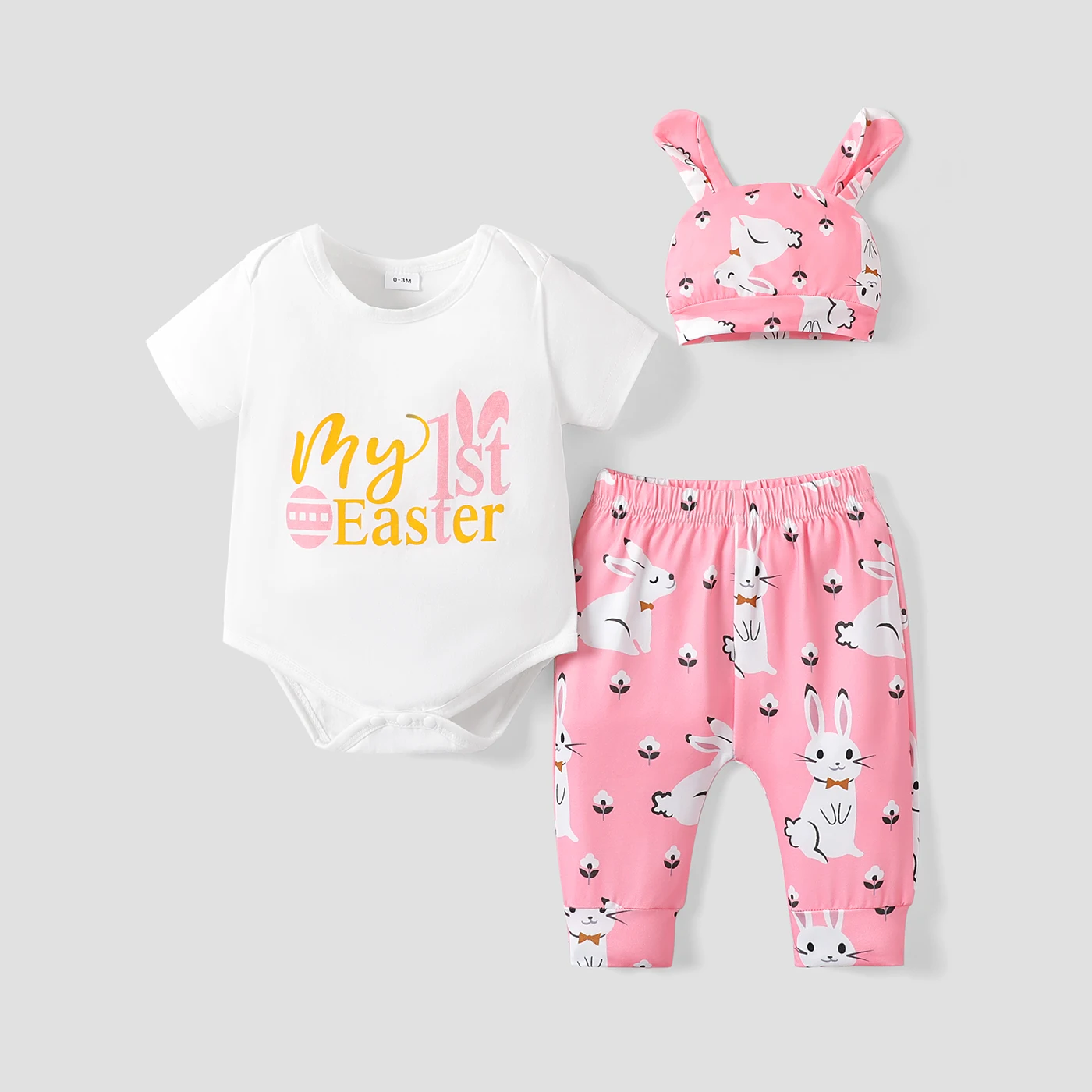 

PatPat Easter 3pcs Baby Boy/Girl Letter Print Short-sleeve Romper and Cartoon Rabbit Print Pants with Hat Set