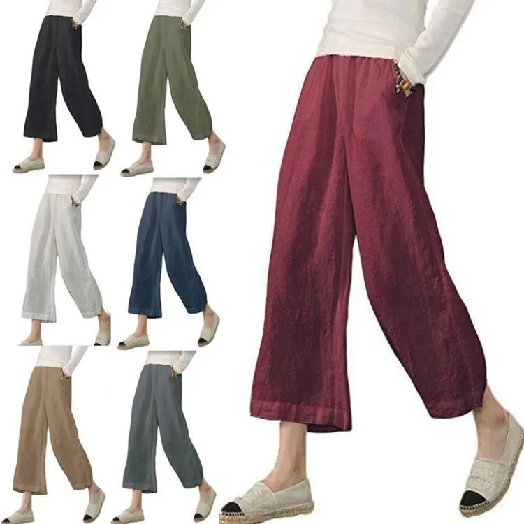 

Casual Women's Pants Baggy Loose Fit Trousers Cropped Solid Color Wide Leg Pants Distressed Relaxed Fit Lightweight Crop Pants