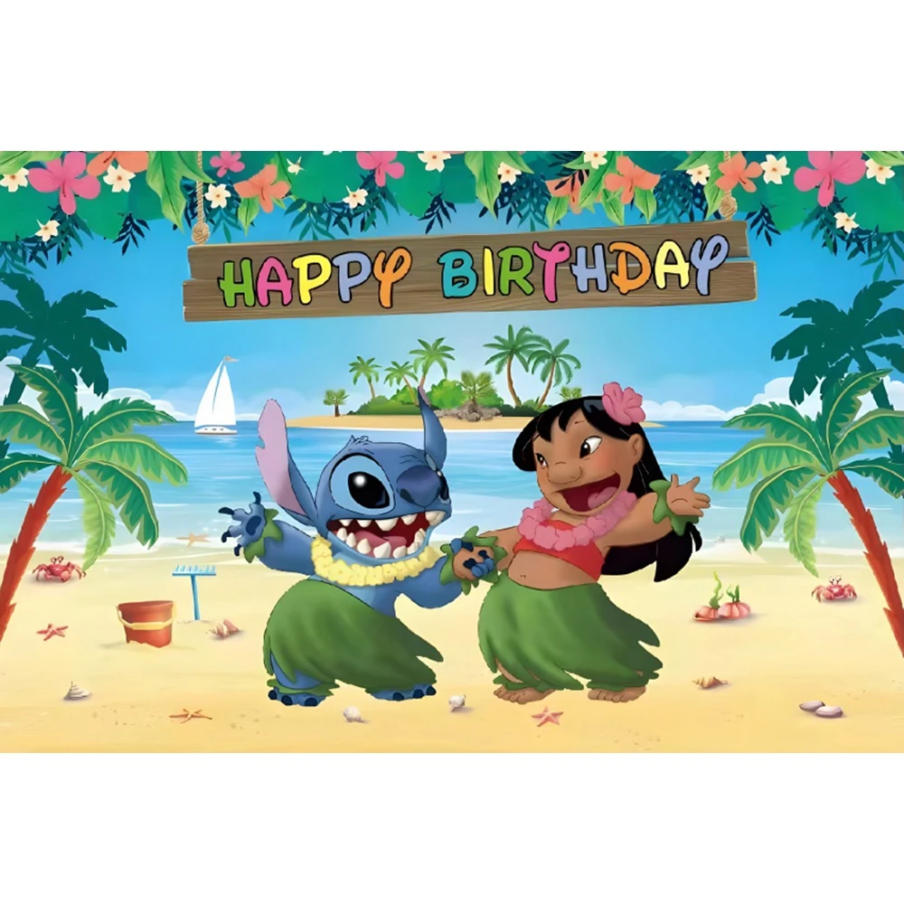 Disney Lilo Stitch Party Backdrops Children\'s Happy Birthday Decoration Photographic Background Decorations Kids Decor Banner