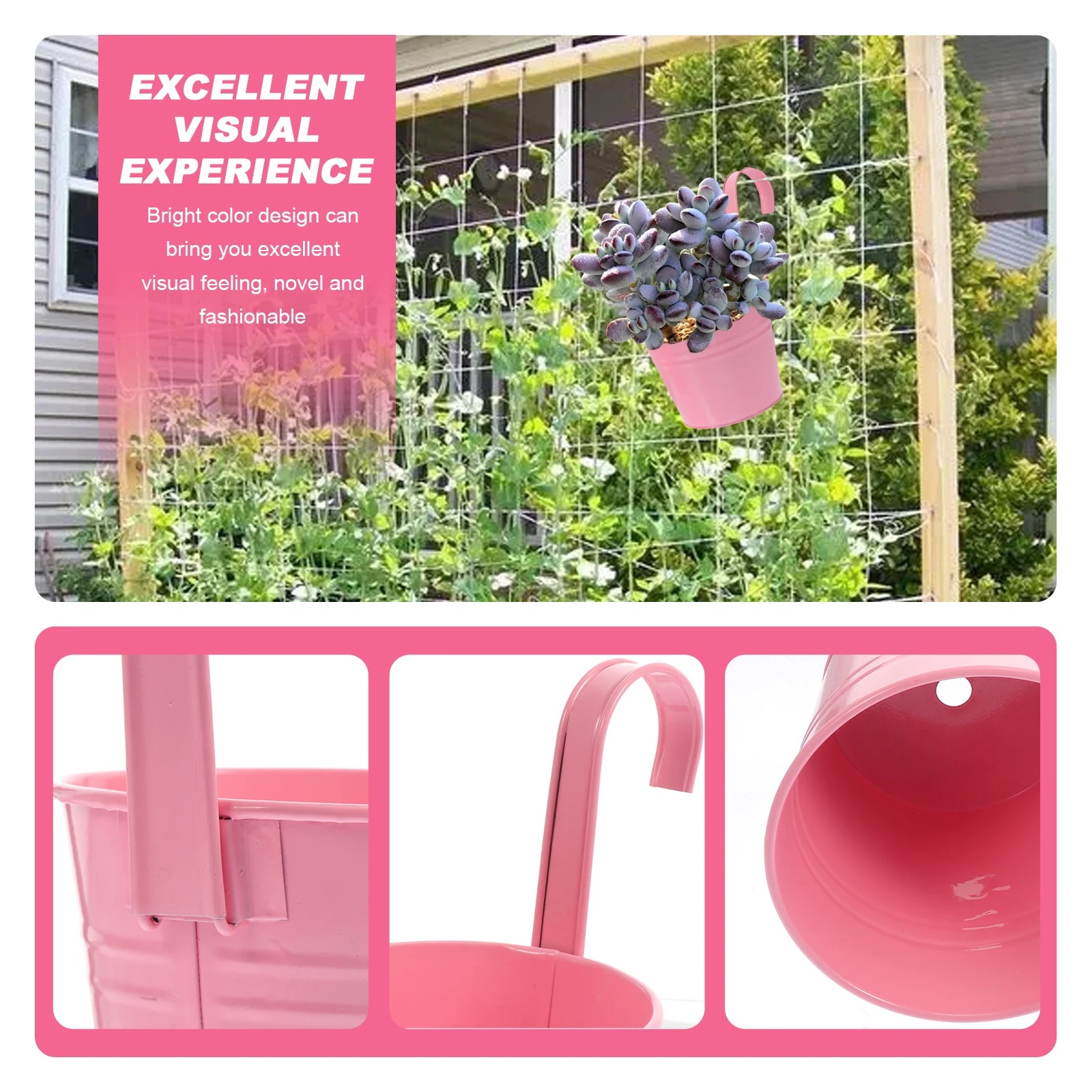 

3pcs Pink Tin Hanging Buckets Planters Drainage Holes for Balcony Window Indoor Use Decorative Flower Container Gardening
