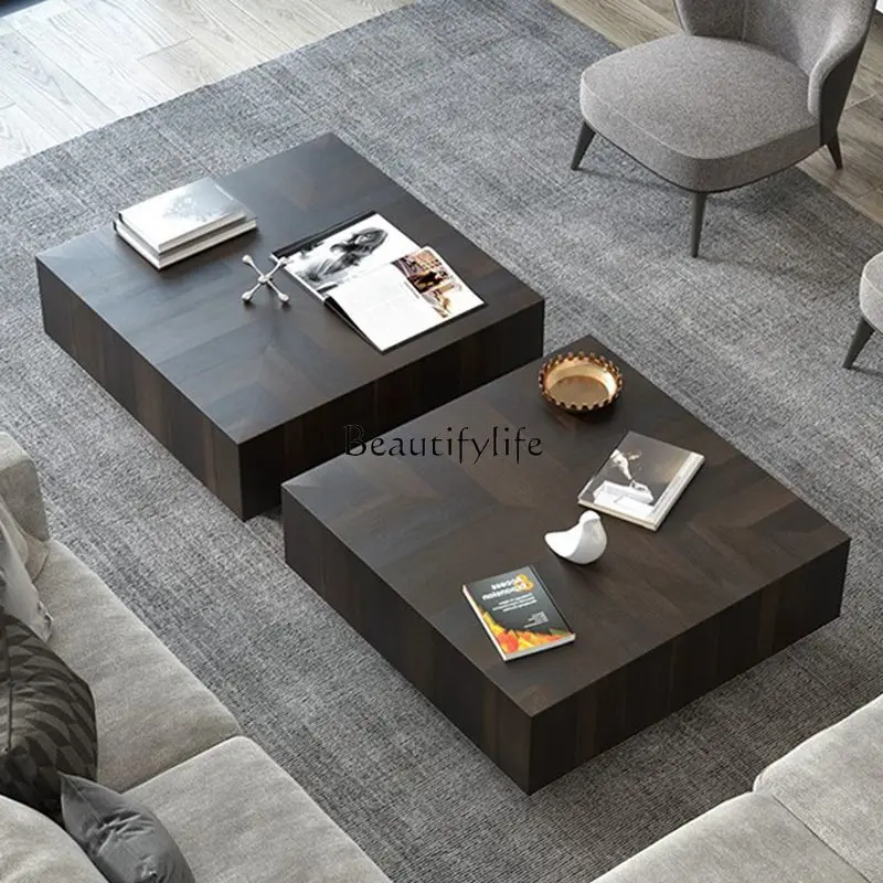 Italian Square Coffee Table Nordic Italian Smoked Wood Carbon Roasted Wood Storage Light Luxury Post-Modern