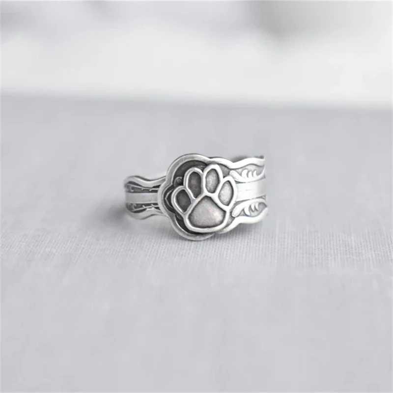 Vintage Style Animal Cat Paw Print Ring Cute Sweet Feminine Silver Color Metal Ring Engagement Wedding Party Gift Jewelry