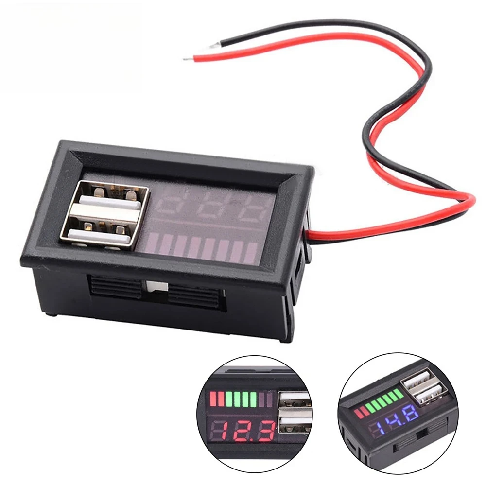 DC 12V Dual USB 5V2A Output LED Digital Display Voltmeter Mini Voltage Meter Battery Tester Panel for Cars Motorcycles Vehicles