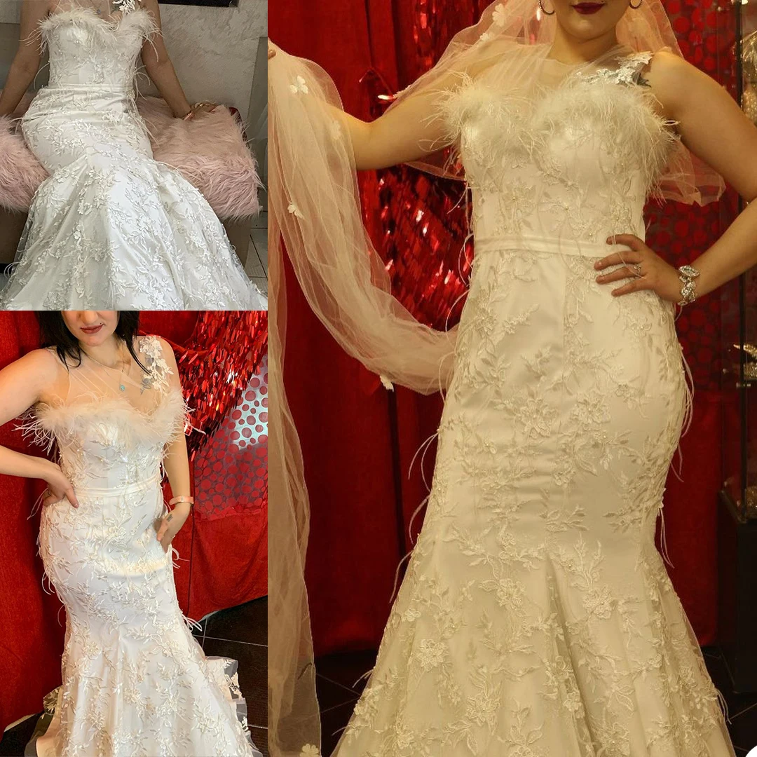 Robe de mariée sirène personnalisée avec plumes en fibre de dentelle, robe vintage avec train de balayage, robe de patients, nouveau style