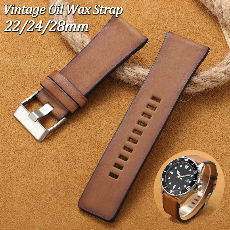 Genuine Full Grain Leather Watch Strap 22/24/28mm Vintage Oil Wax Cowhide Band Natural Hide Texture Breathable Durable Bracelet