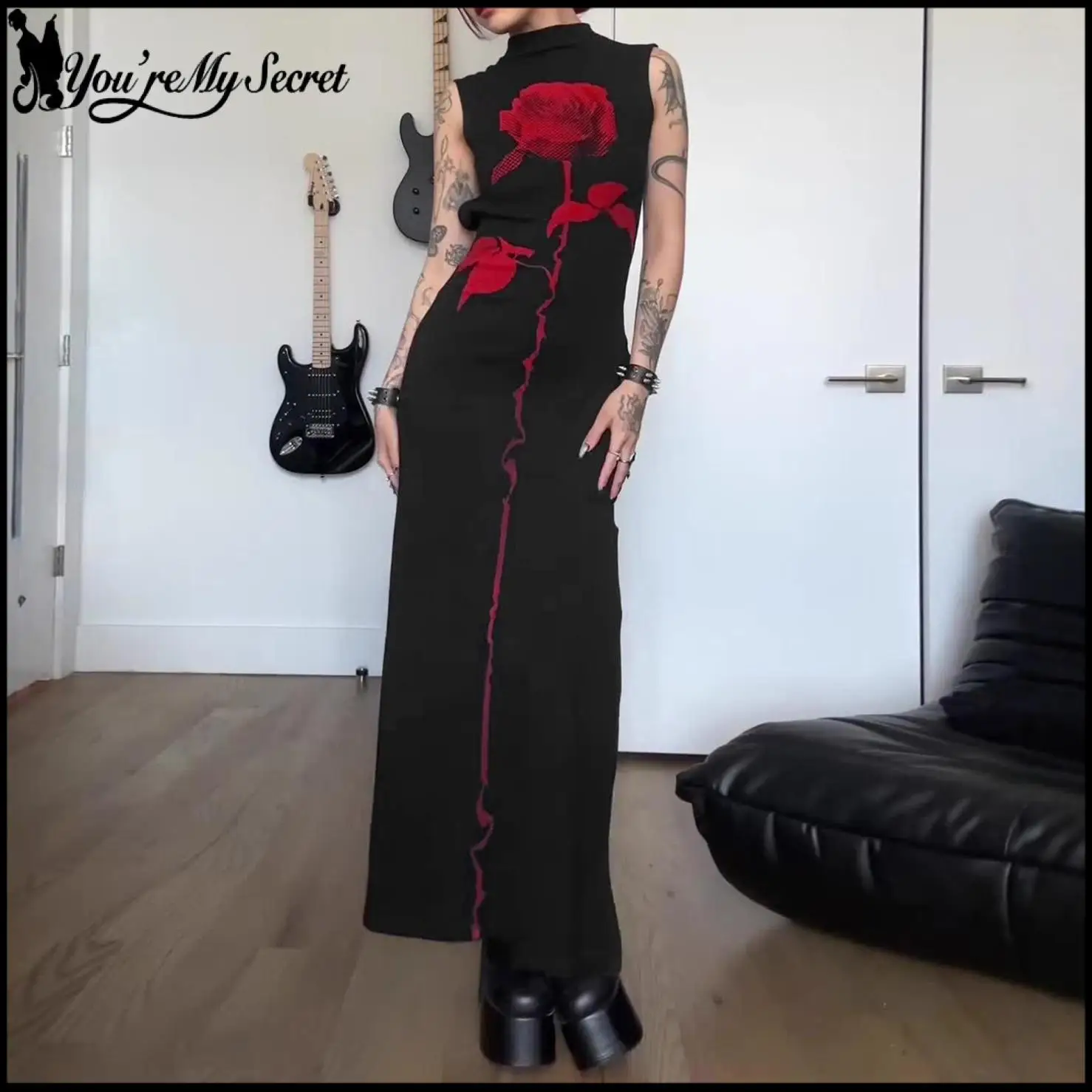 [You're My Secret] Gothic Black Rose Dress Women Subculture Half High Collar Sleeveless Dress Sexy Backless Floral Print Gown view 2
