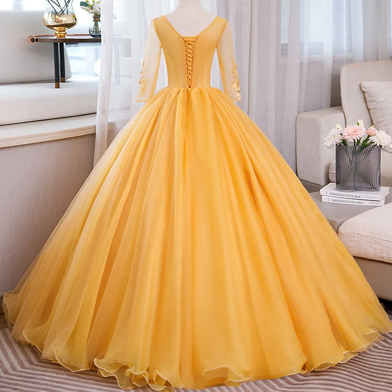 Yellow Quinceanera Dresses With 3/4 Long Sleeve Lace Appliqued Beaded Vestido De 15 Anos Birthday Party Prom Dresses Ball Gowns