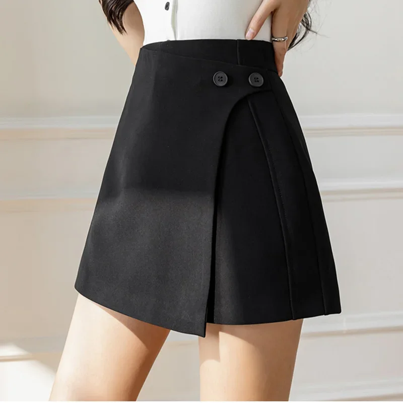 

Khaki Summer Women's Wide Leg Shorts Skirts with Button 2024 High Waist Loose Office OL Ladies Short Skirt Female L605