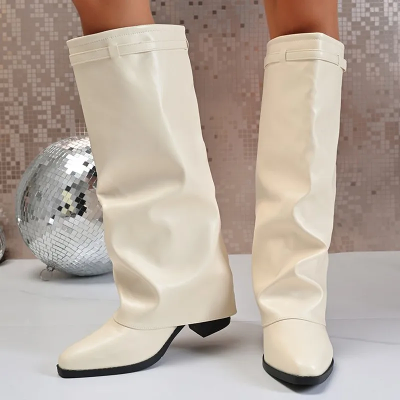 New Women's Boots 2026 Pointed Toe Long Tube Boots Metal Buckle Chunky Heel Pants Boot Women Fashion Winter Boots Large Size 43