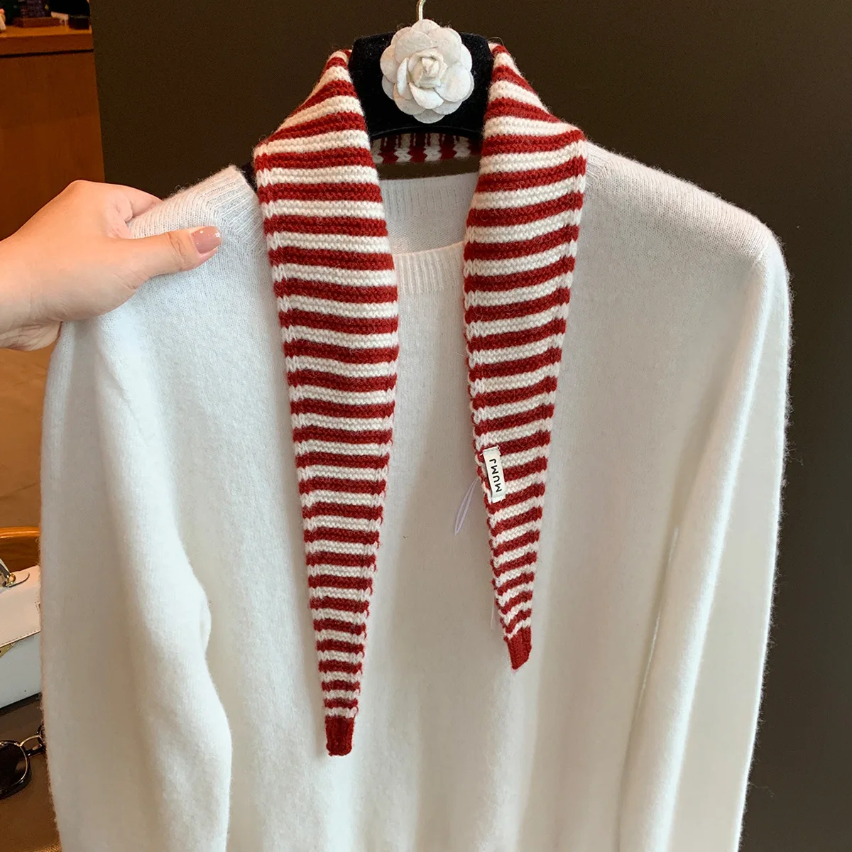 Womens 100% Wool Knitted Triangular Kerchief Striped Pattern Front Knot Wrap Scarf Soft Lightweight Neck Drape Casual Outerwear