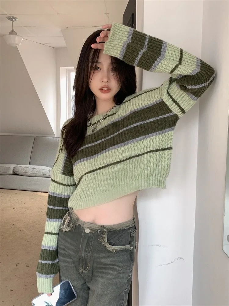 Vintage Chic Striped Sweaters Women 2024 Autumn New Loose Knitted Pullover Y2k Grunge Long Sleeve Bottoming Tops