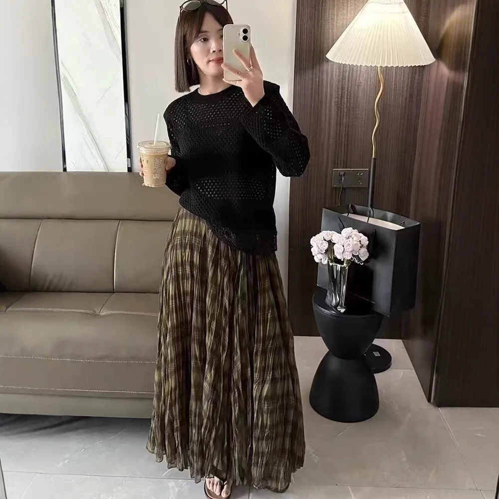 กระโปรงยาวทรงเอเอวสูงลายสก๊อตสำหรับผู้หญิง กระโปรงยาวทรงเอแบบอสมมาตรสไตล์เกาหลี กระโปรงผ้าทูลหลายชั้น กระโปรงจีบสำหรับงานปาร์ตี้