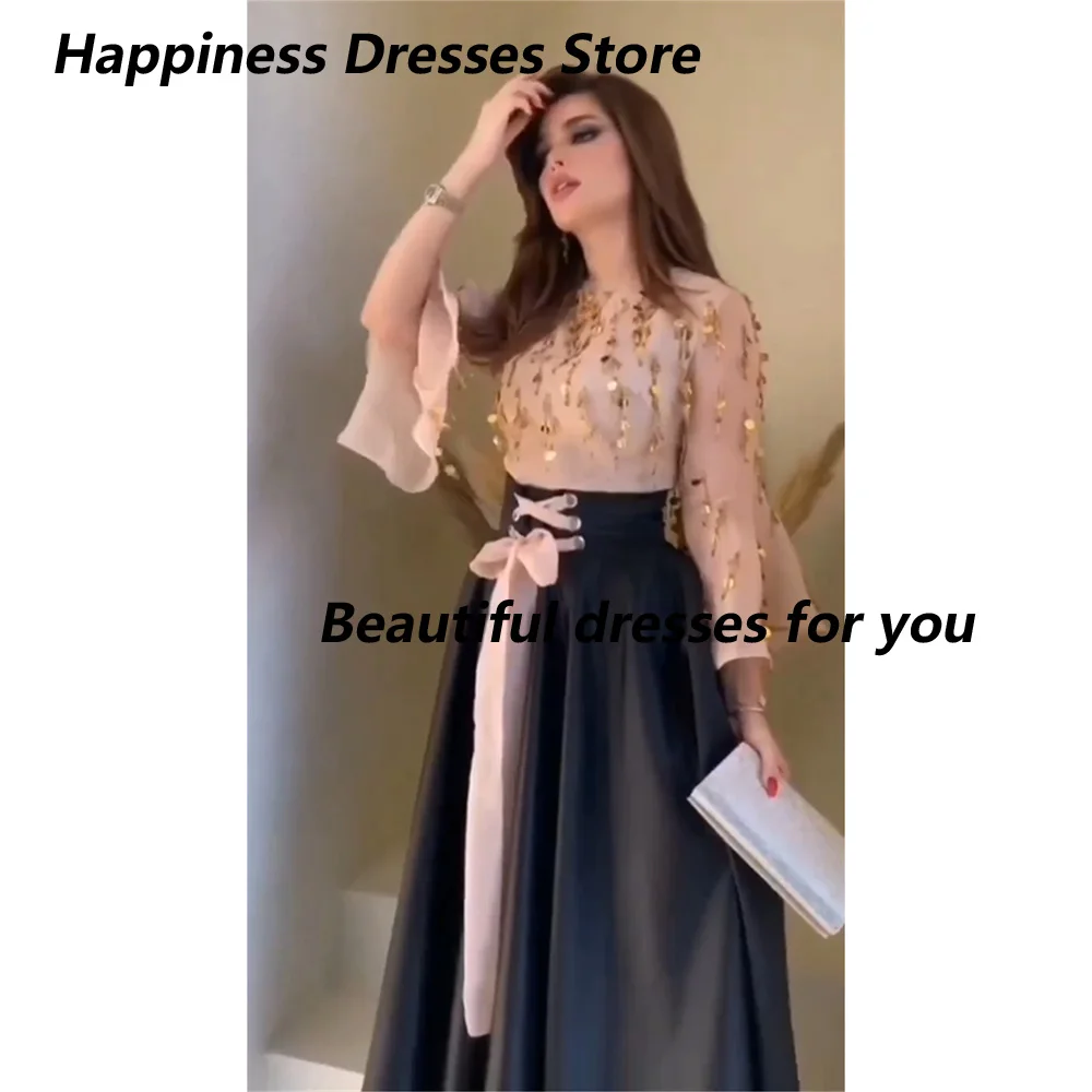 Vestidos de Noche elegantes personalizados con lentejuelas y cuello redondo, vestido de fiesta drapeado de manga larga para ocasiones especiales, vestido de fiesta de corte A ﻿