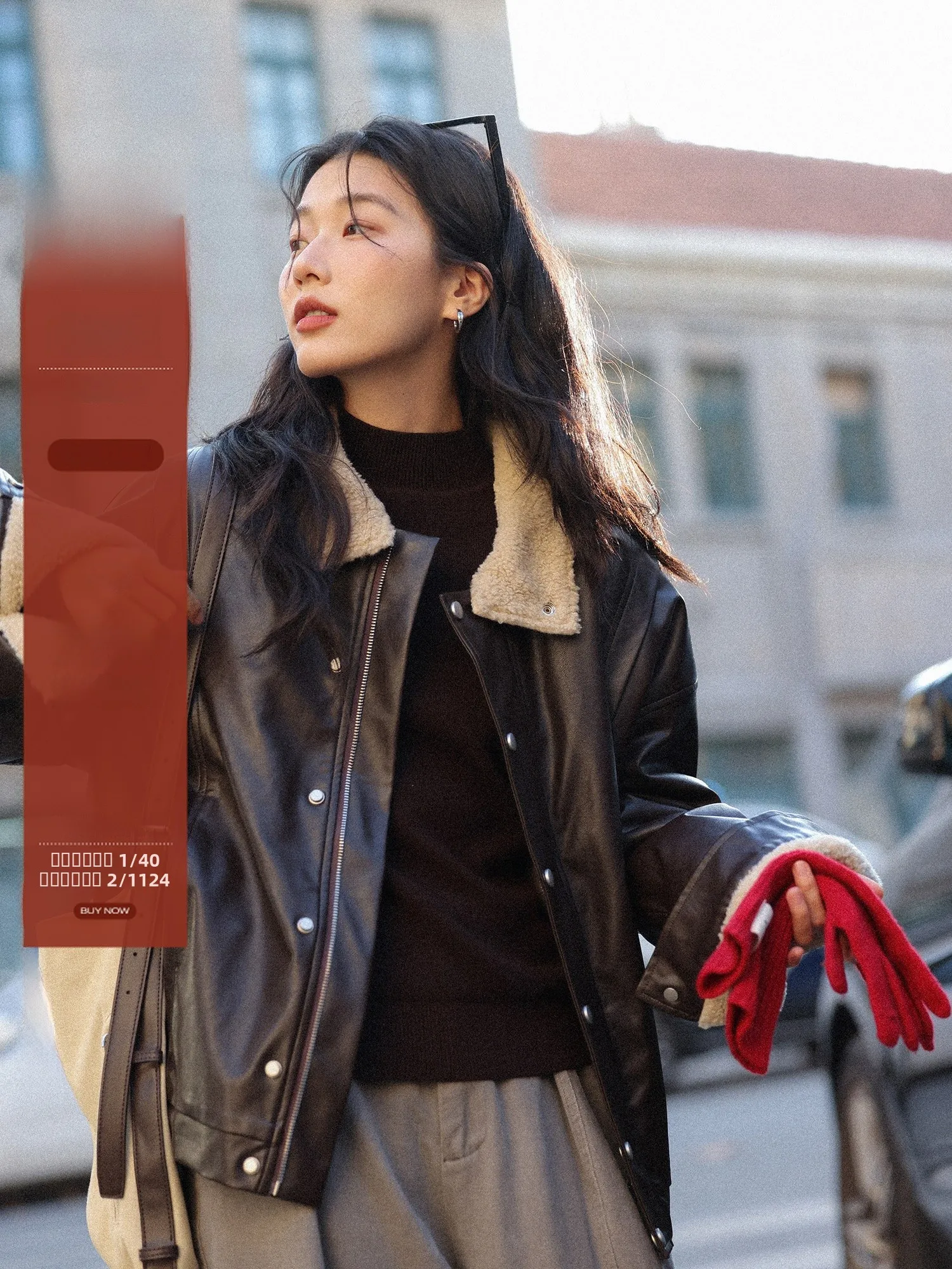 

High-End Winter Biker Sle Women's Jaet with Lamb Fur Collar Splicing Khaki Leather Coat Long Sve Zipper Closure