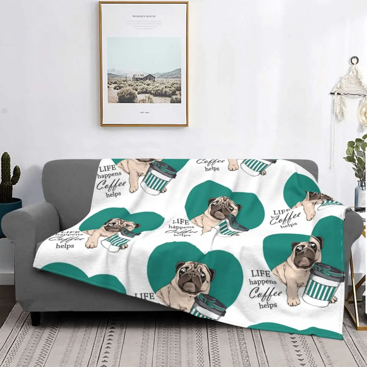 Sweet Pug Life Happen Coffee Help Bulldog Dog Blanket Coral Fleece All Season Breathable Soft Throw Blanket for Bedding Outdoor