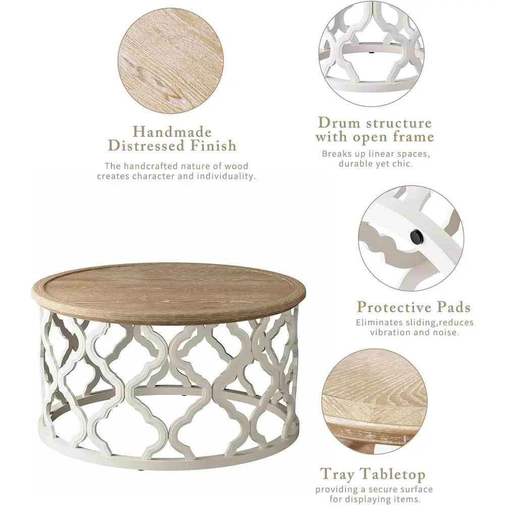 French Country-Style Distressed Round Coffee Table with Curved Frame Base for Boho Living and Dining Spaces