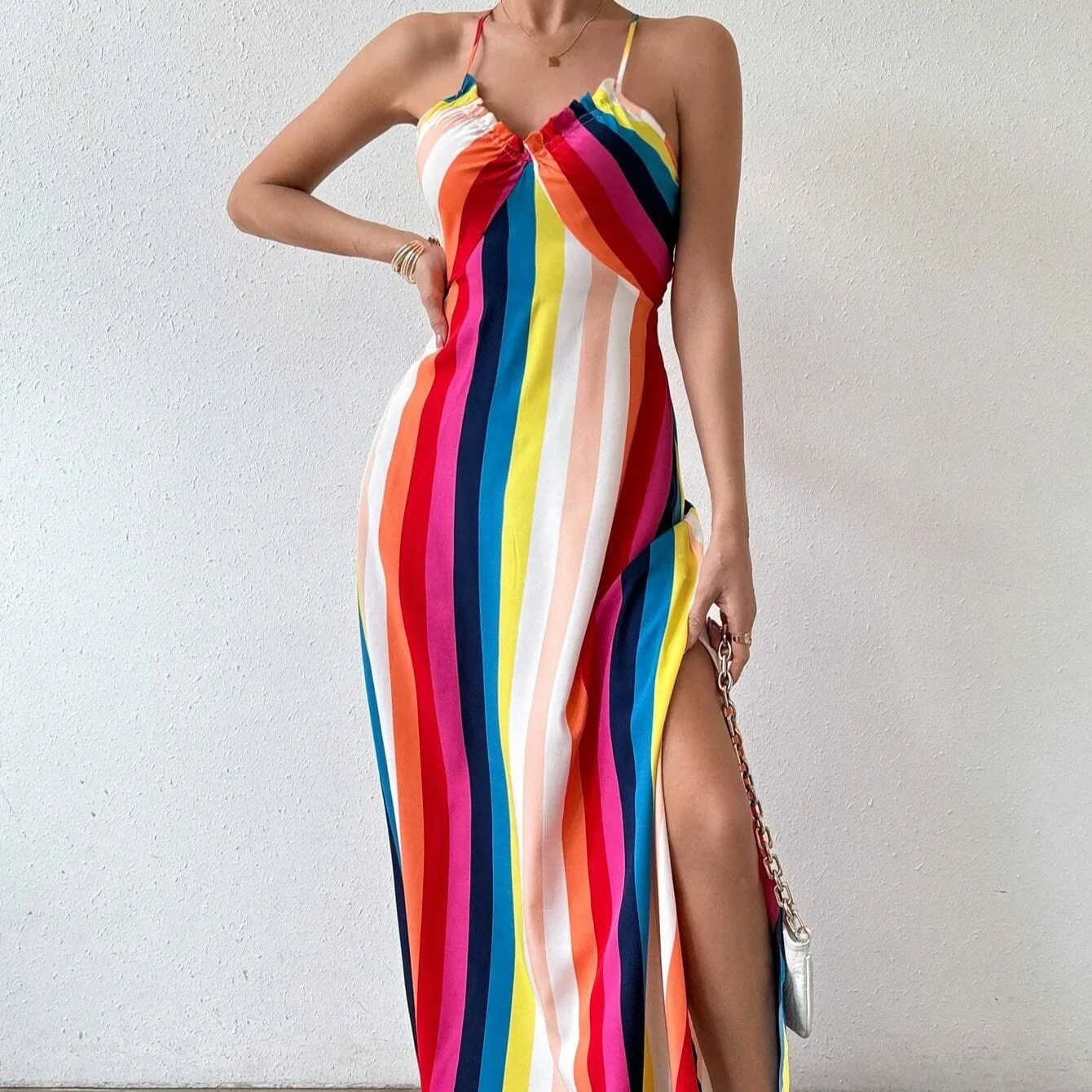 Mode Sommer Kleider für Frauen Schlank Spaghetti Strap Print Frauen Kleid Schlitz A-LINE Kleid Frauen Vestidos De Verano Mujer Q434