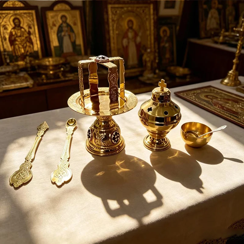 Orthodox Altar Set Gold Metal Diskos with Asterisk and Censer Liturgical Set for Divine Liturgy Byzantine Church Supplies Gift
