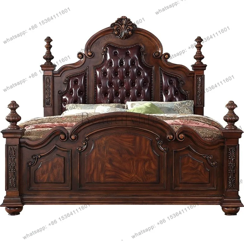 X4  American leather double bed master bedroom carved pillar all solid wood European retro leather art bed