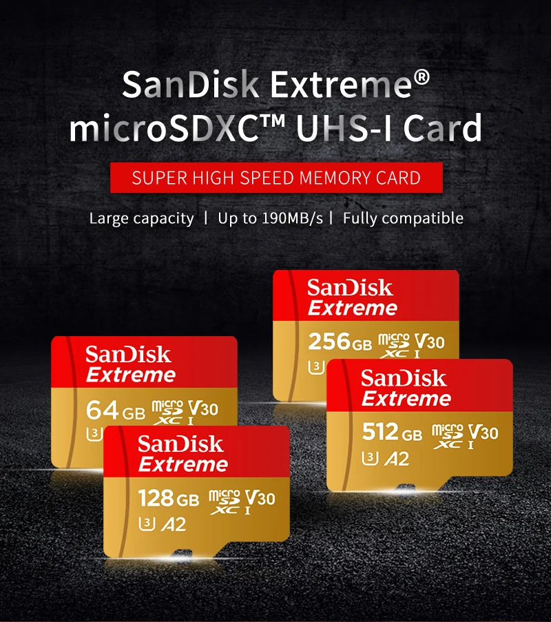 SanDisk Extreme V30 A2 4K MicroSD TF Flash-Karte für DJI-Drohnen, Actioncams und Handkameras, 64 GB, 128 GB, 256 GB, 512 GB, MicroSDXC-Speicherkarte. – Detail 1