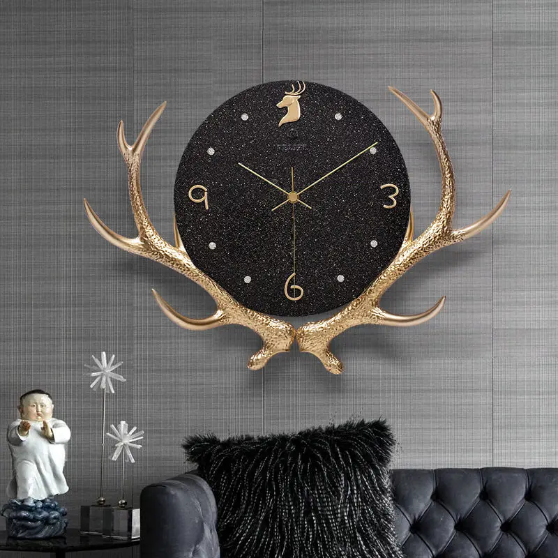 Modern Luxury Deer Resin Wall Clock Hangings Art Home Livingroom Sticker Crafts Hotel Lobby Mural Decoration