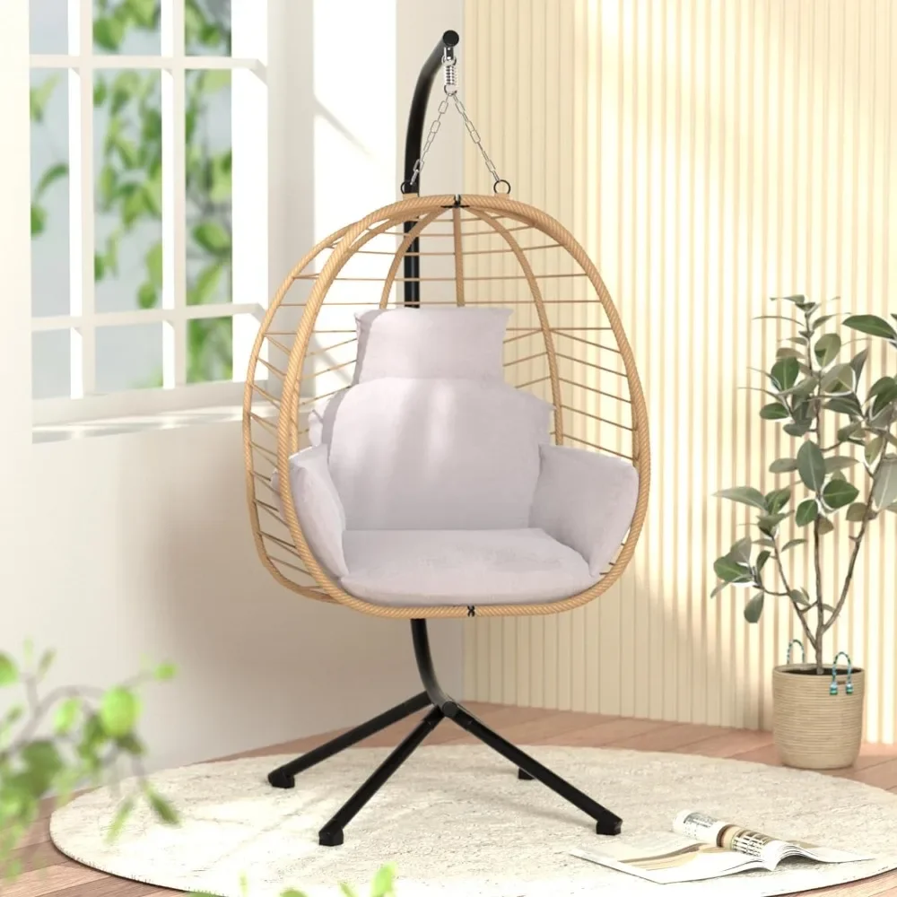 

Hanging Egg Chair with Stand Patio Hammock Swing Chair, Basket Wicker Rattan Adjustable Height UV Resistant Indoor Outdoor Use