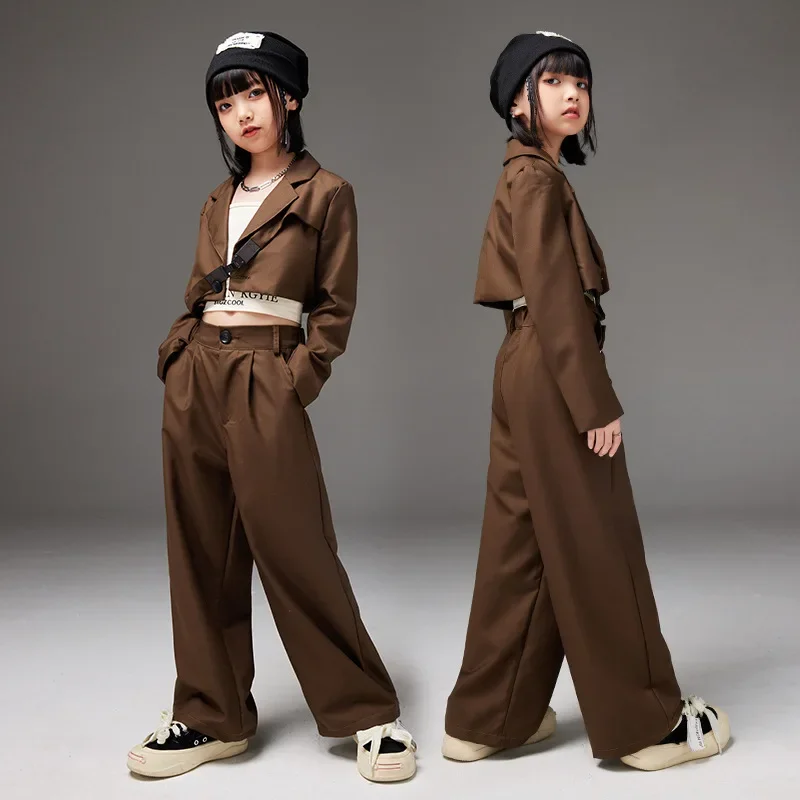 Brown Blazer Tops Loose Casual Pants Set Fashion Streetwear Jazz Dance Costumes Hip Hop Outfits Girls Performance Wear