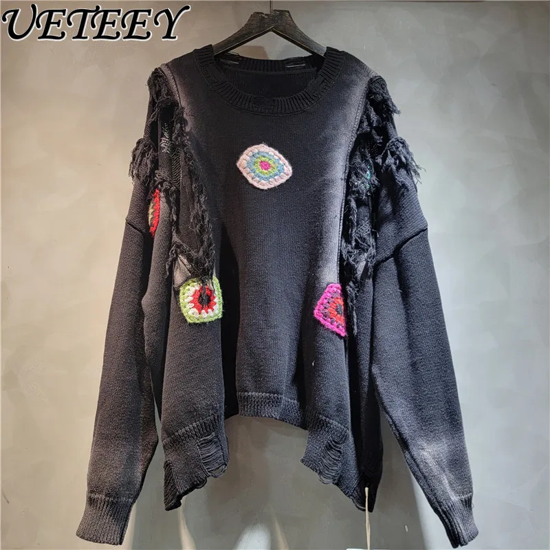 Loose Personality Ethnic Style Sticker Fringed Round Neck Long-sleeved Knitted Sweater Women's Autumn Clothes New Pullover