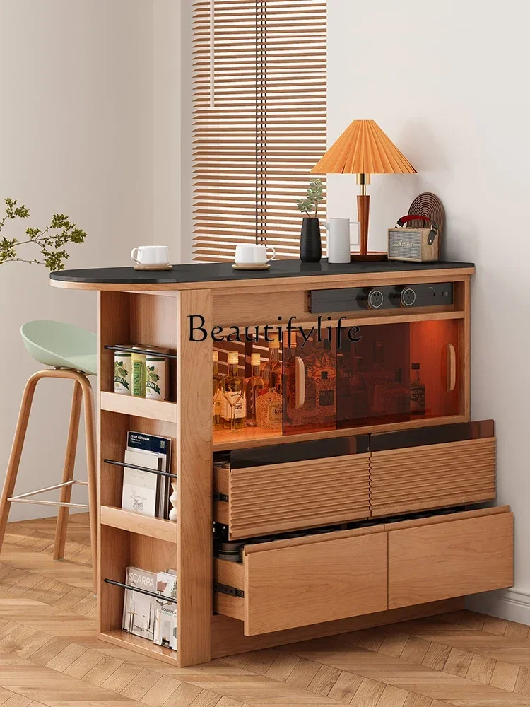 Q S Nordic Bar Cabinet Solid Wood Stone Plate Partition Kitchen Island Japanese Style Sideboard Storage Wine Cabinet Storage Cab