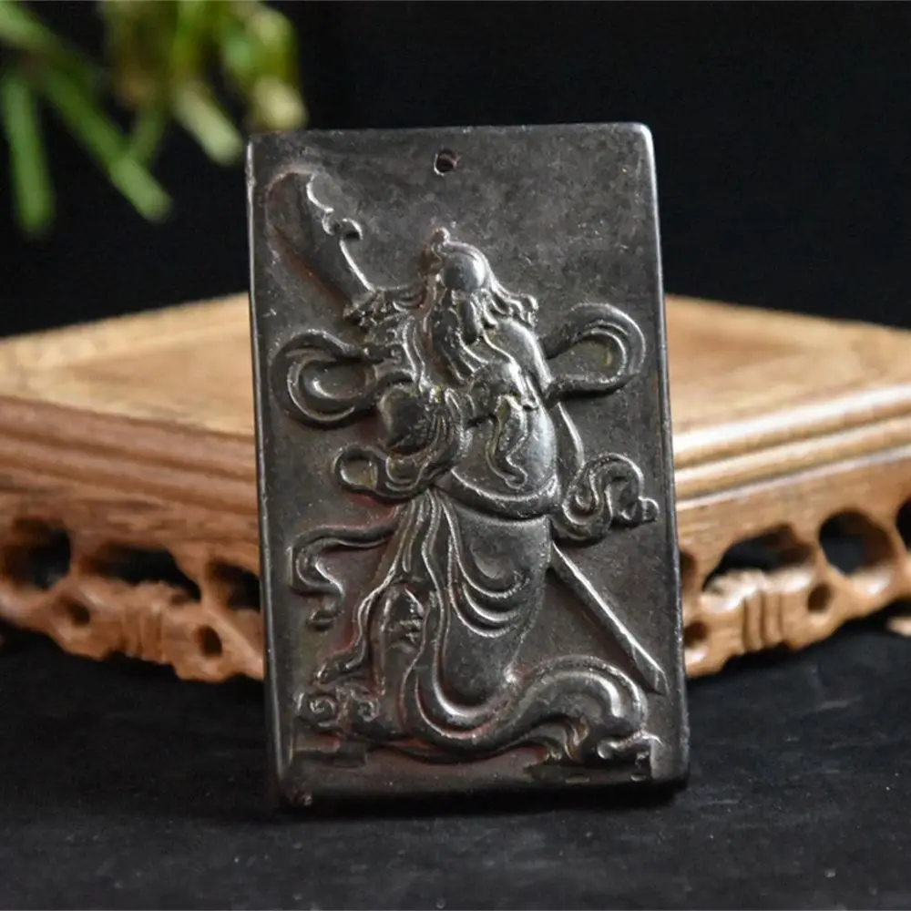 China Hongshan Culture Black Iron Magnetism Meteorite Sculpture Lucky'Guan Yu'Waist Badge/Pendant Handicraft Home Decoration