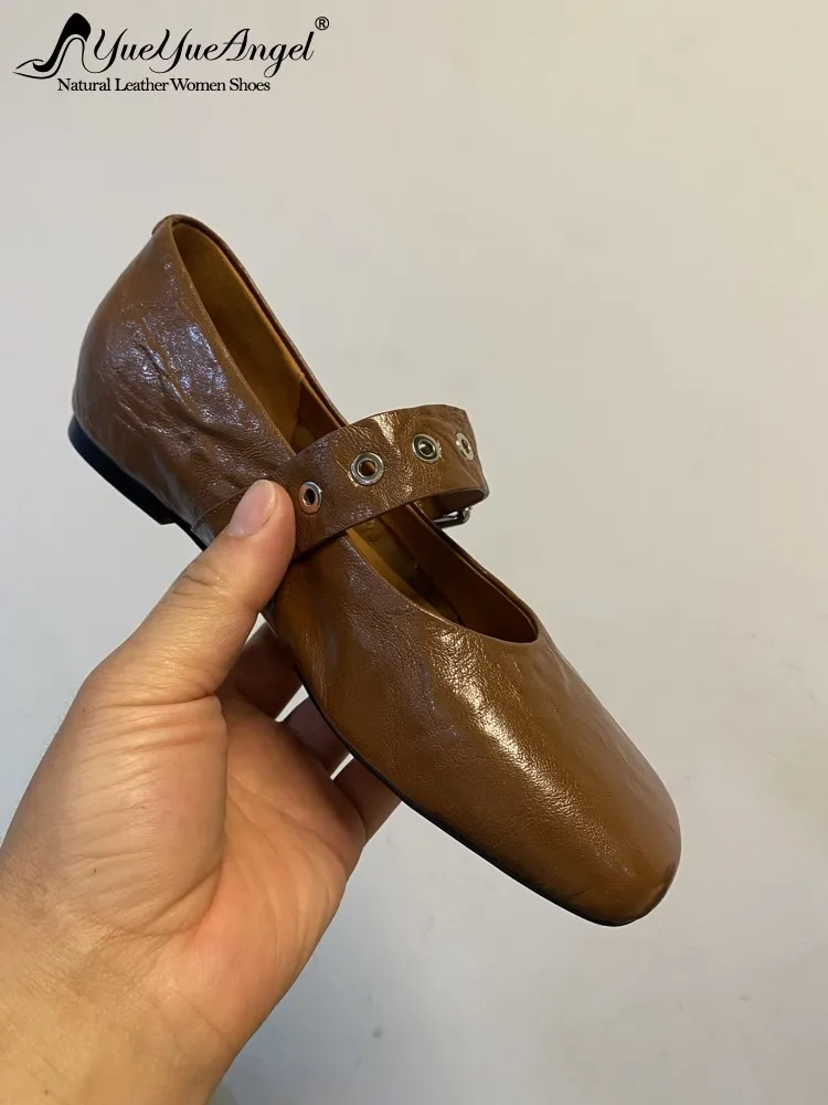 

Concise Ladies Comfortable Genuine Leather Platform Pumps French Solid Color Sheepskin Square Toe Buckle Strap Ballet Footwear
