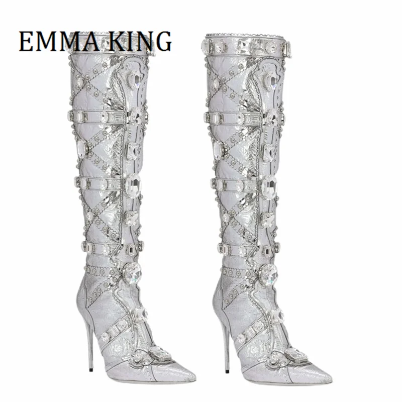 

Women Metallic Leather Knee-height Boots Sexy Pointed Toe Stiletto Heel Crystal Botines De Mujer Sexy Ladies Runway Party Shoes