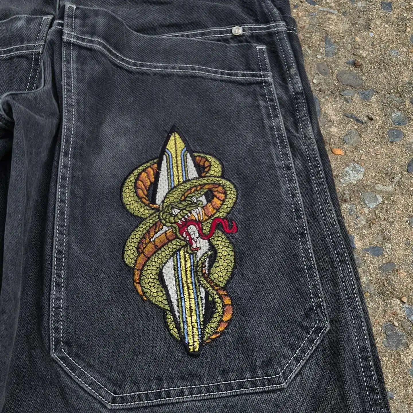 JNCO-pantalones cortos de mezclilla holgados para hombre y mujer, ropa de calle Vintage, pantalones de chándal y2k, patrón de mordedura de serpiente, hip hop, harajuku, pantalones cortos de baloncesto