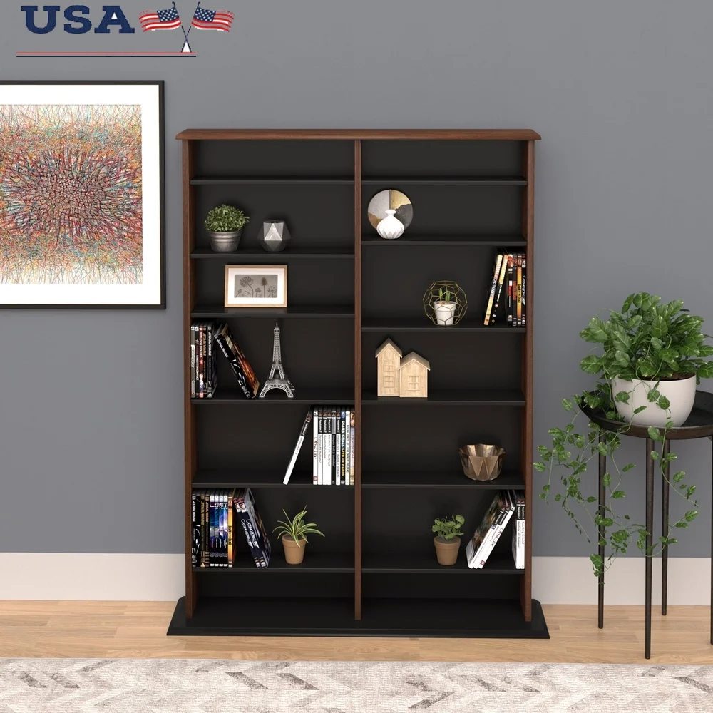 

Double Width Wall Storage Unit Adjustable Shelves Media Organizer CDs DVDs Blu-rays VHS Collection Free-standing Library Style