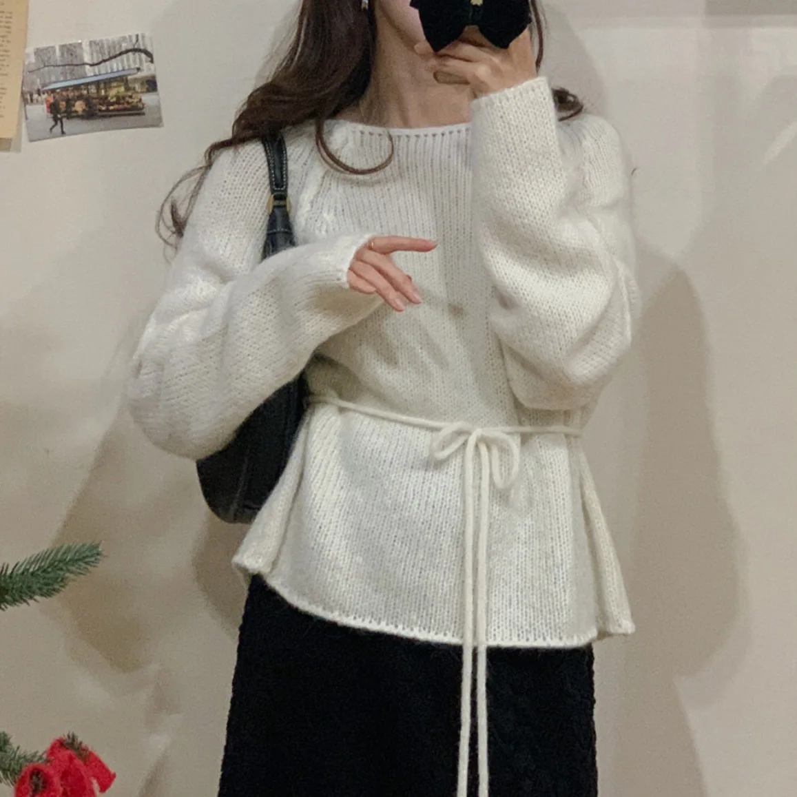

Sweet Waist Belted Knitwear Sweater Women's Ele Chic Autumn Winter Faion Korean Sle Inner Wear Regular Fit Street Sle