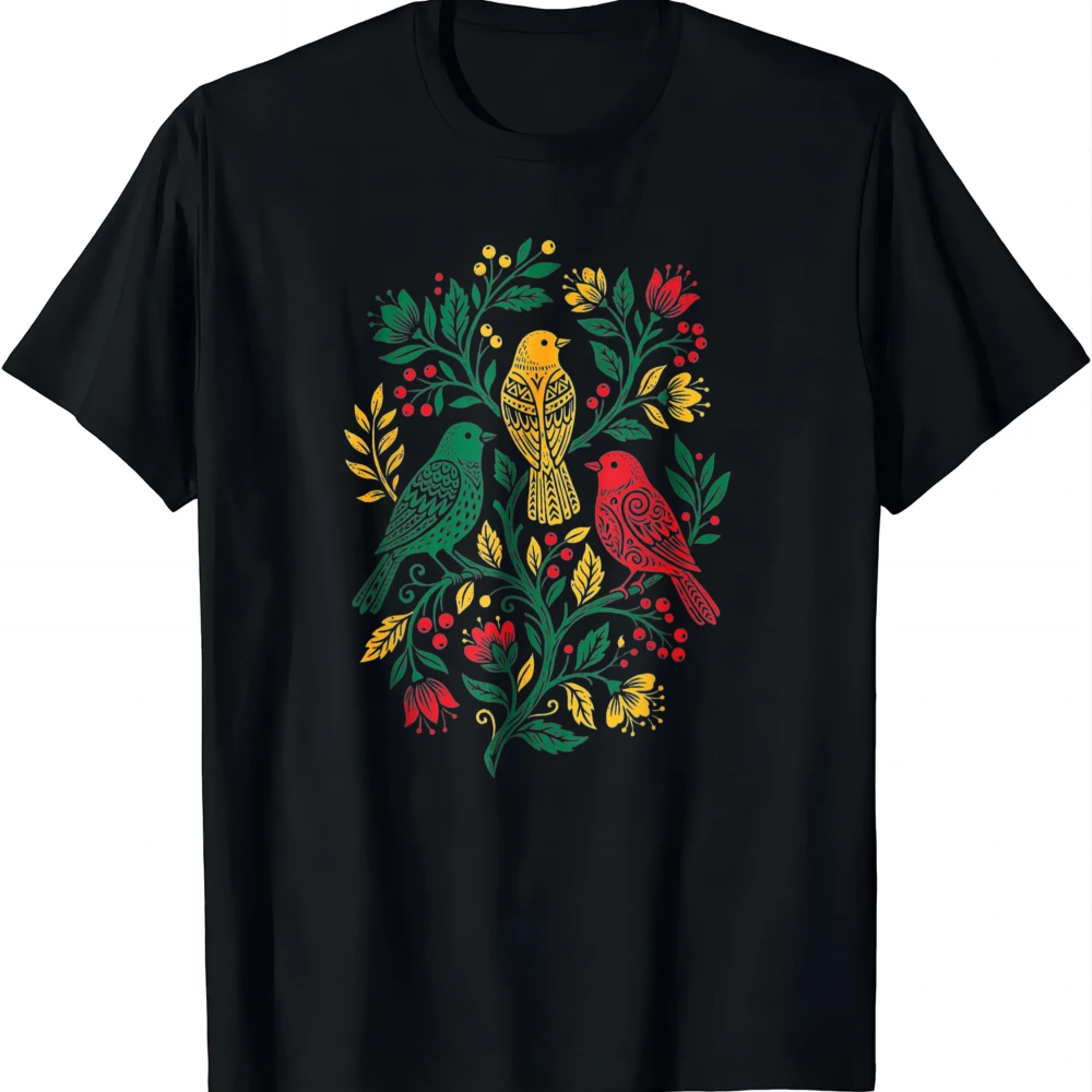 Rasta Reggae Roots Three Birds Jamaica Folk Art Floral T-Shirt Gifts for Men Women's T-shirts  Breathable Short Sleeve Tee