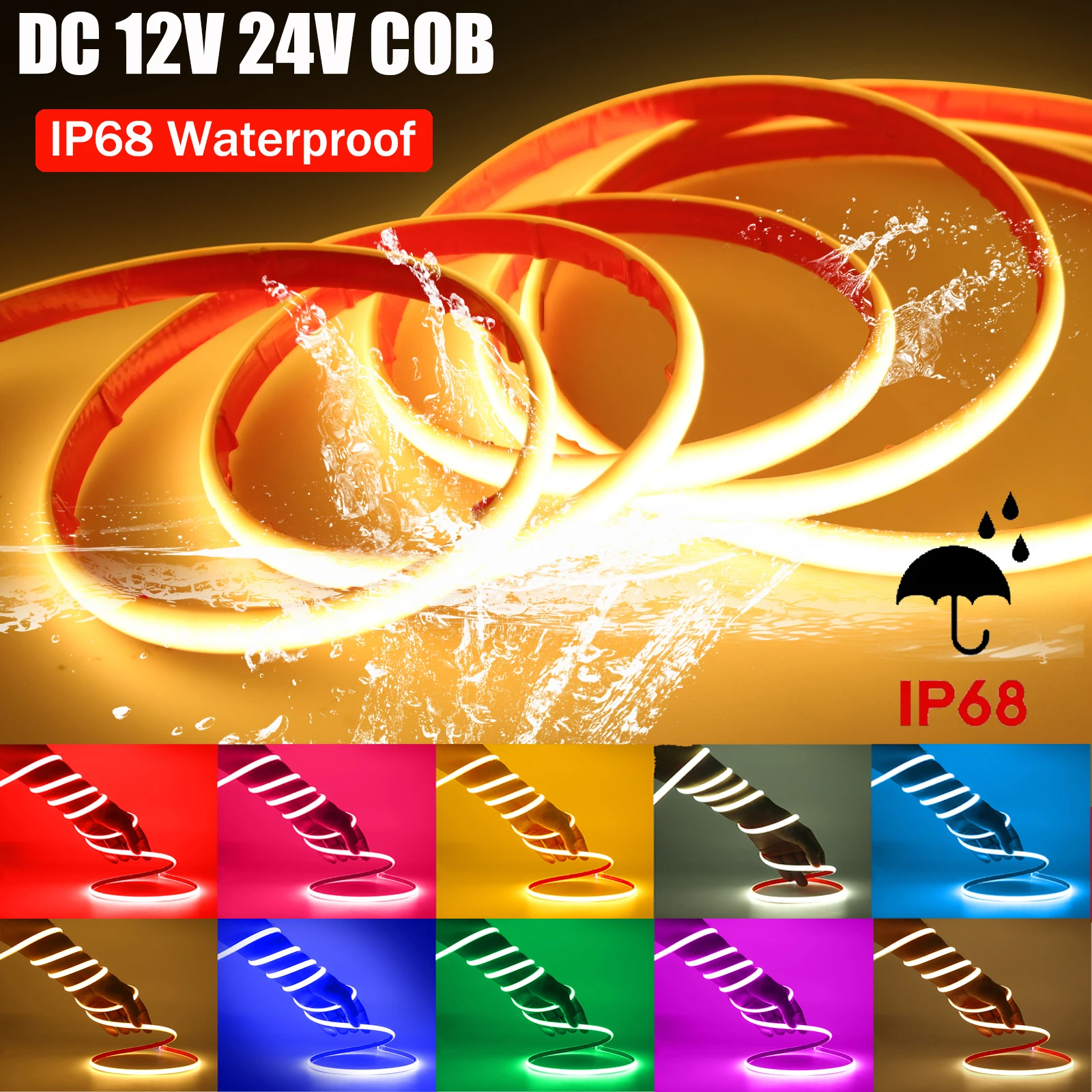 IP68 Waterproof COB LED Neon Light 12V 24V Flexible LED Tape Ribbon LED Strip Rope Light 320LEDs/m High Density Linear Light