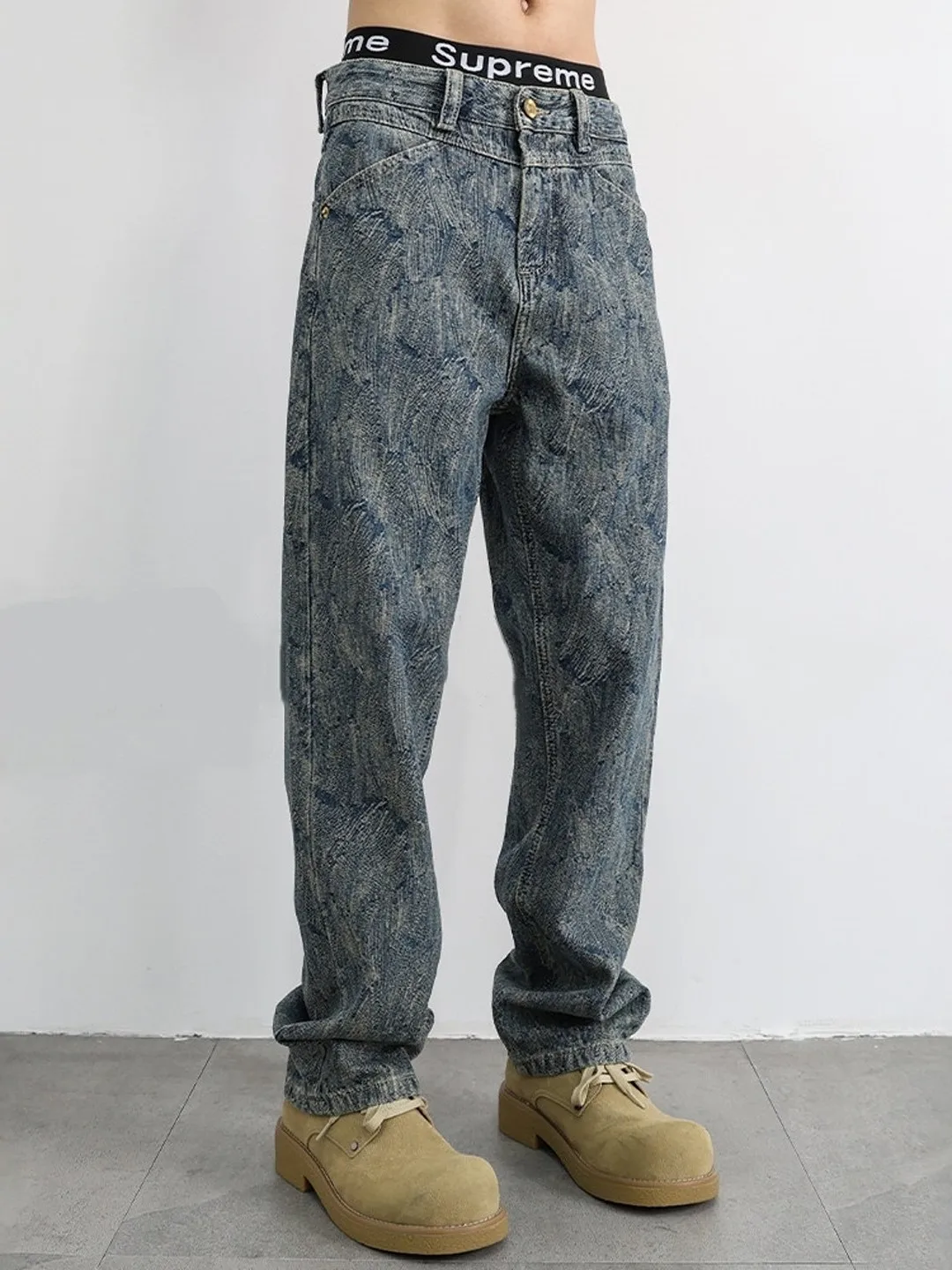 

American Sle Loose Straight Leg Men's Jeans Casual Spring Autumn Vintage Floral Embroidery Versatile Comfortable Breathable